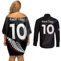 New Zealand Rugby Custom Couples Matching Off Shoulder Short Dress and Long Sleeve Button Shirt Sporty Silver Fern Shape with Maori Tattoos - Polynesian Pride