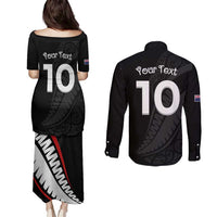 New Zealand Rugby Custom Couples Matching Puletasi and Long Sleeve Button Shirt Sporty Silver Fern Shape with Maori Tattoos - Polynesian Pride