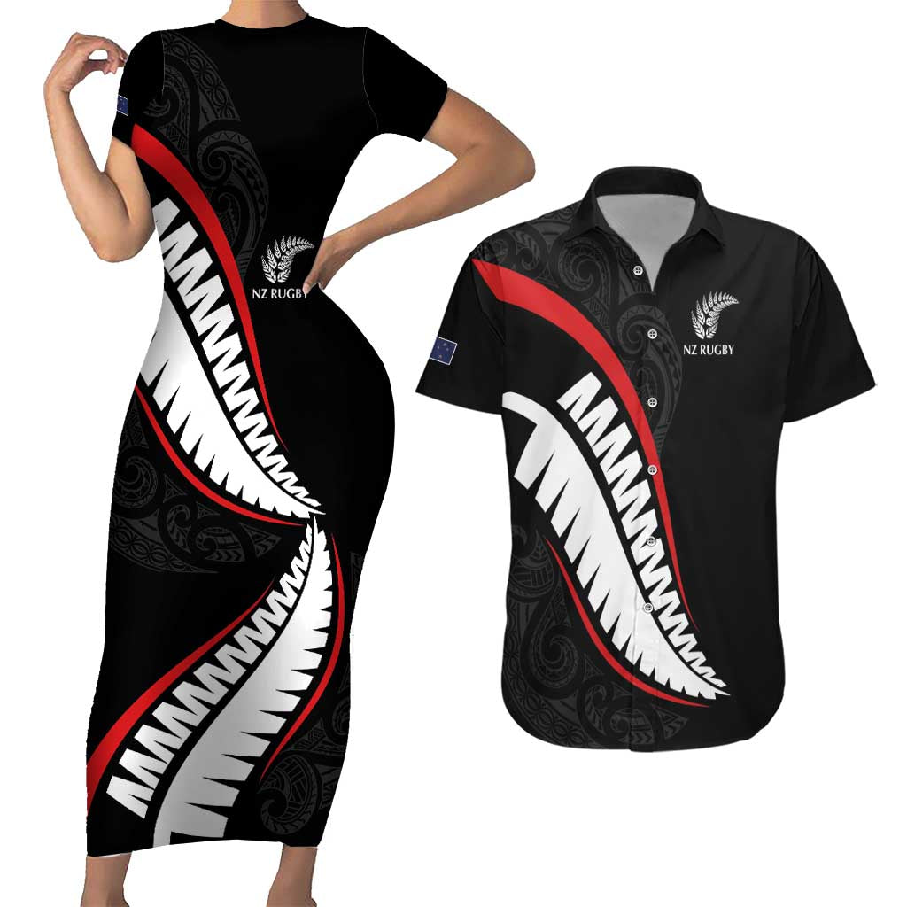 New Zealand Rugby Custom Couples Matching Short Sleeve Bodycon Dress and Hawaiian Shirt Sporty Silver Fern Shape with Maori Tattoos - Polynesian Pride