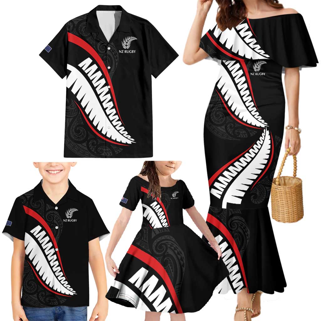 New Zealand Rugby Custom Family Matching Mermaid Dress and Hawaiian Shirt Sporty Silver Fern Shape with Maori Tattoos - Polynesian Pride