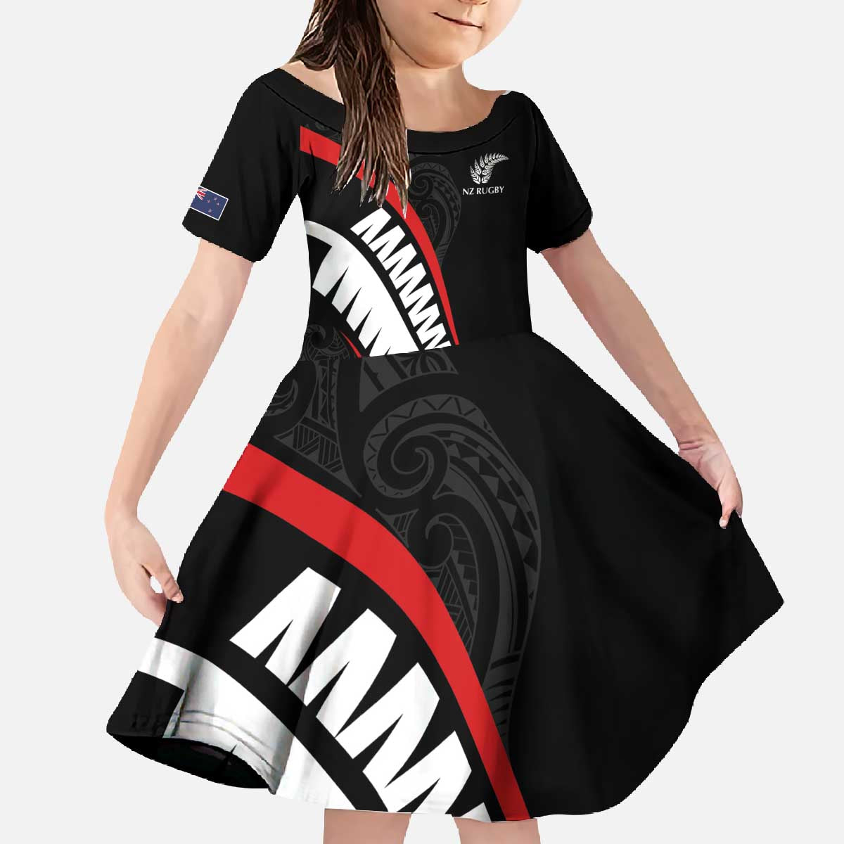 New Zealand Rugby Custom Family Matching Off The Shoulder Long Sleeve Dress and Hawaiian Shirt Sporty Silver Fern Shape with Maori Tattoos - Polynesian Pride