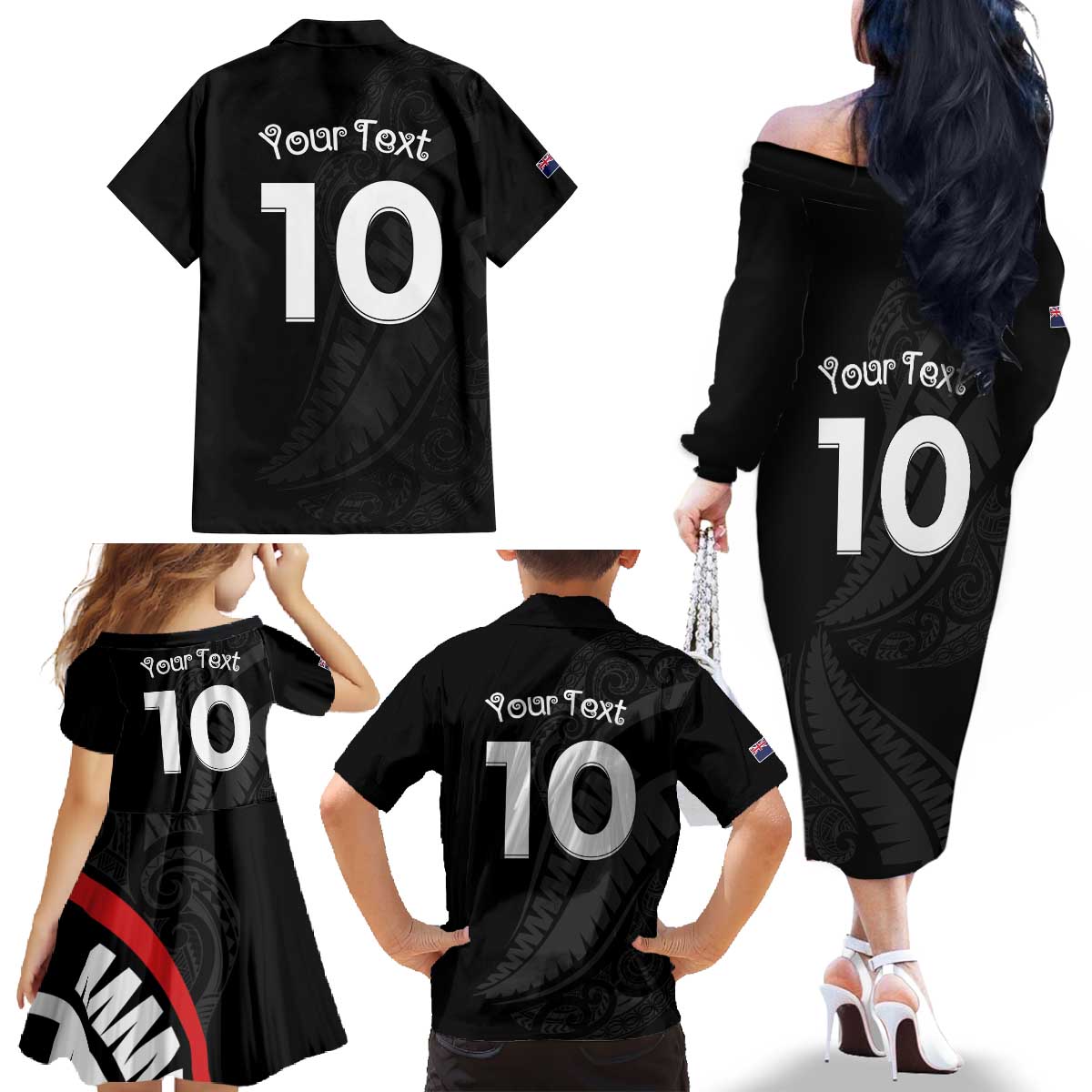 New Zealand Rugby Custom Family Matching Off The Shoulder Long Sleeve Dress and Hawaiian Shirt Sporty Silver Fern Shape with Maori Tattoos - Polynesian Pride