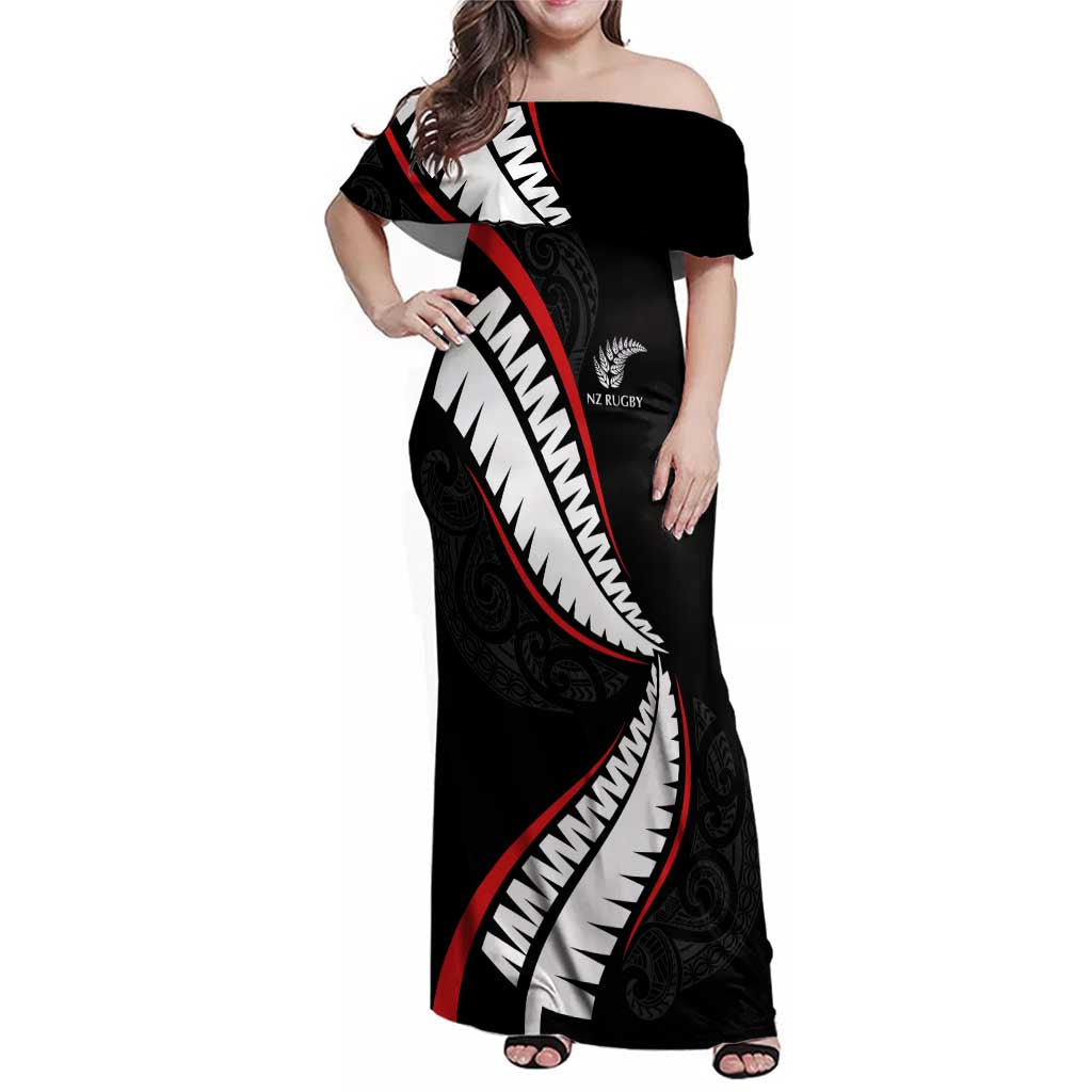 New Zealand Rugby Custom Family Matching Off Shoulder Maxi Dress and Hawaiian Shirt Sporty Silver Fern Shape with Maori Tattoos - Polynesian Pride