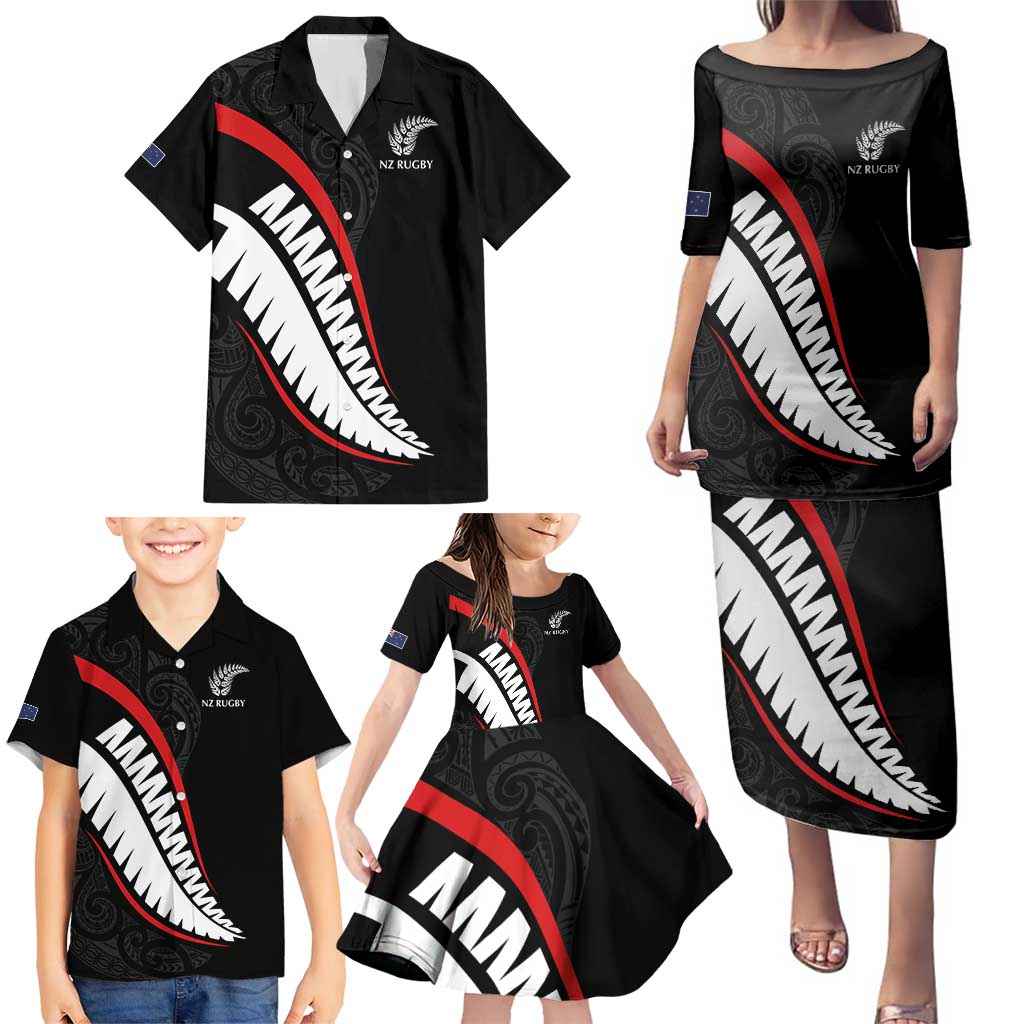 New Zealand Rugby Custom Family Matching Puletasi and Hawaiian Shirt Sporty Silver Fern Shape with Maori Tattoos - Polynesian Pride