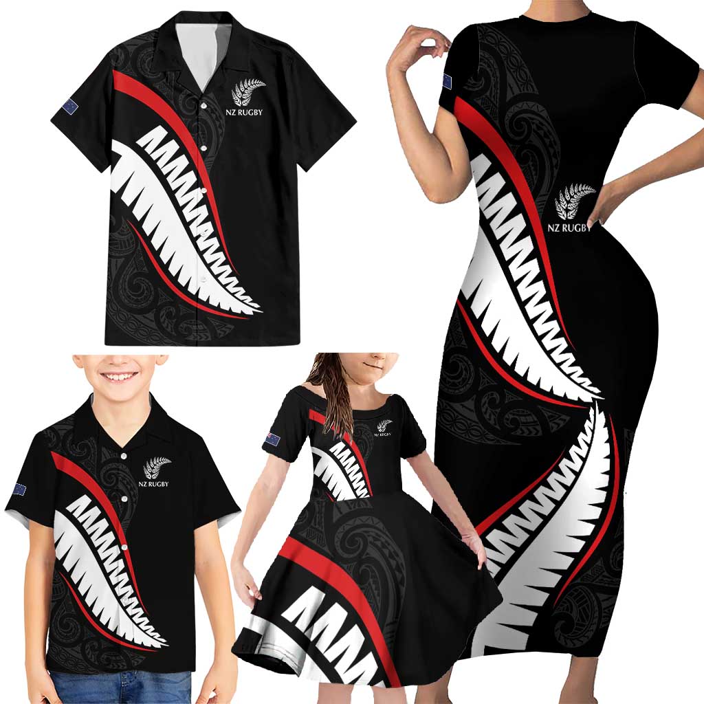 New Zealand Rugby Custom Family Matching Short Sleeve Bodycon Dress and Hawaiian Shirt Sporty Silver Fern Shape with Maori Tattoos - Polynesian Pride