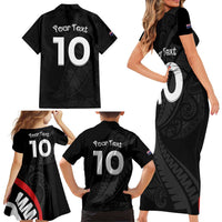 New Zealand Rugby Custom Family Matching Short Sleeve Bodycon Dress and Hawaiian Shirt Sporty Silver Fern Shape with Maori Tattoos - Polynesian Pride