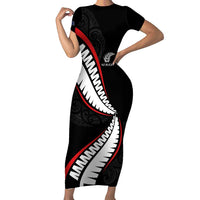 New Zealand Rugby Custom Family Matching Short Sleeve Bodycon Dress and Hawaiian Shirt Sporty Silver Fern Shape with Maori Tattoos - Polynesian Pride