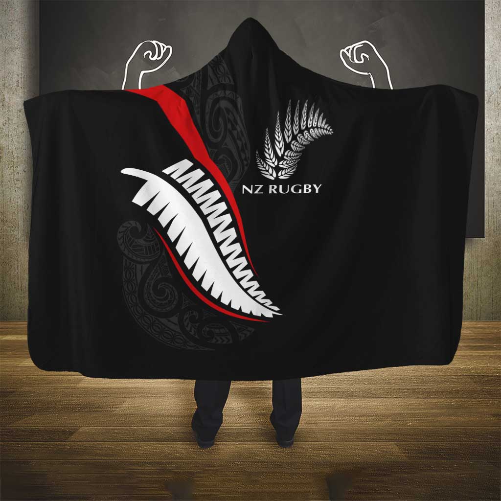 New Zealand Rugby Hooded Blanket Sporty Silver Fern Shape with Maori Tattoos - Polynesian Pride