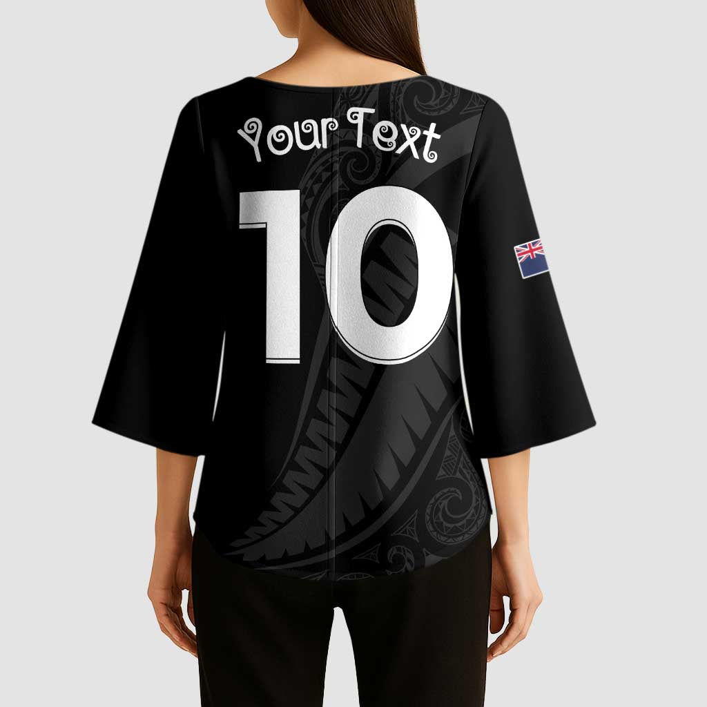 New Zealand Rugby Custom Kimono Sleeve Blouse Sporty Silver Fern Shape with Maori Tattoos - Polynesian Pride