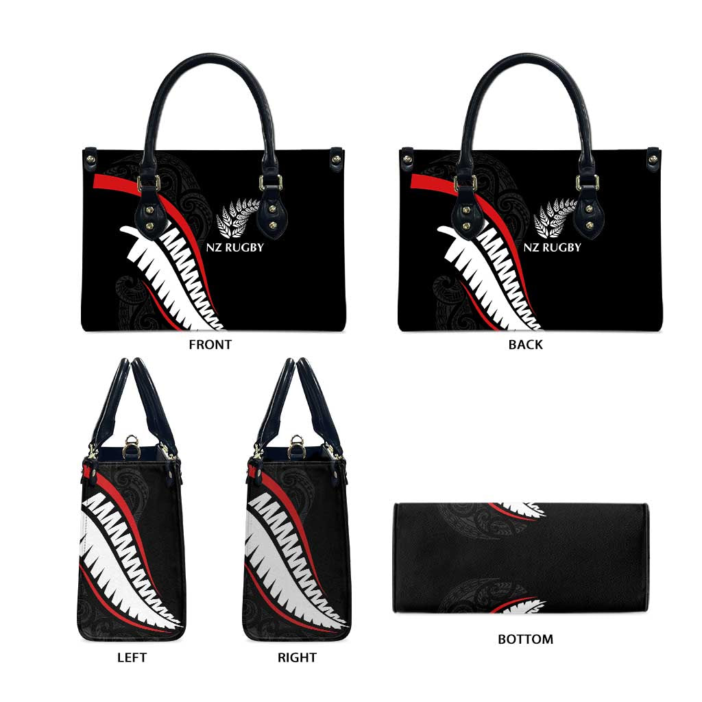 New Zealand Rugby Leather Bag Sporty Silver Fern Shape with Maori Tattoos - Polynesian Pride