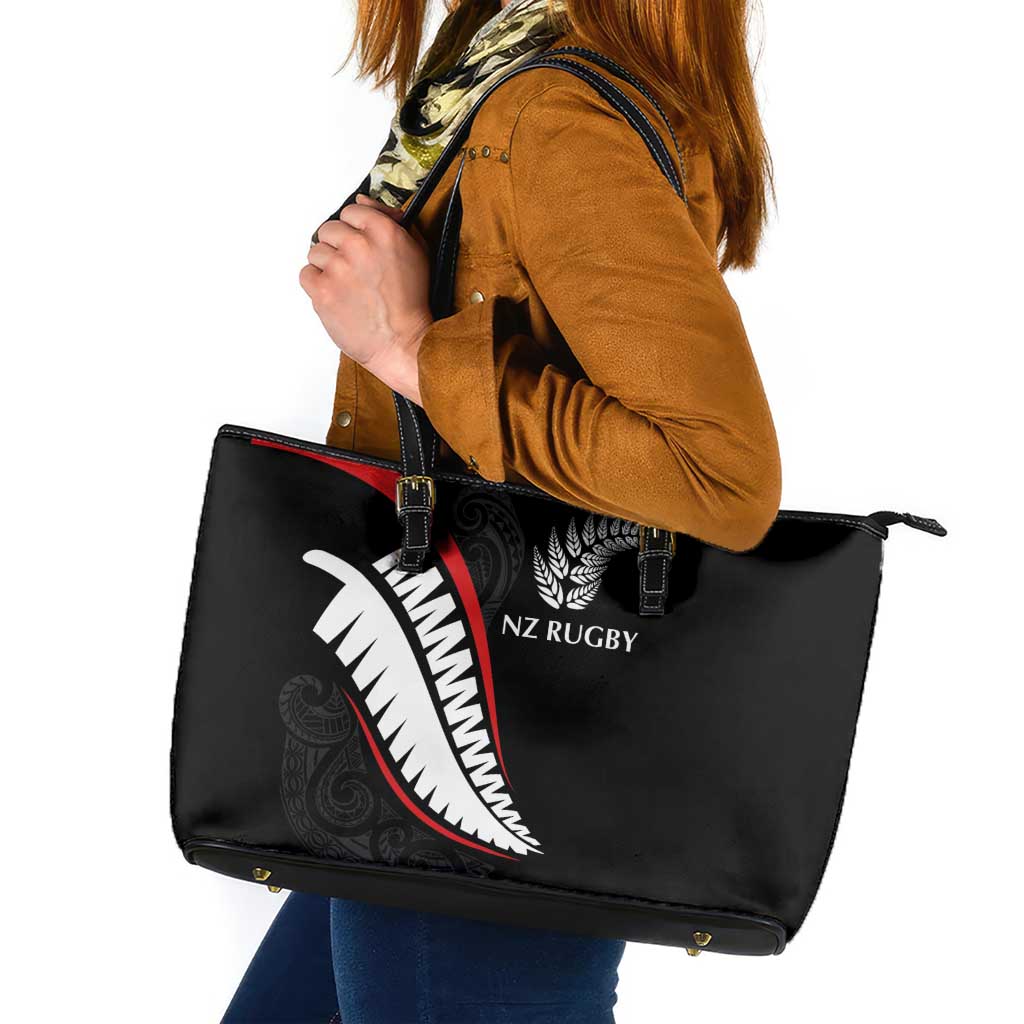 New Zealand Rugby Leather Tote Bag Sporty Silver Fern Shape with Maori Tattoos - Polynesian Pride