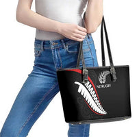 New Zealand Rugby Leather Tote Bag Sporty Silver Fern Shape with Maori Tattoos - Polynesian Pride