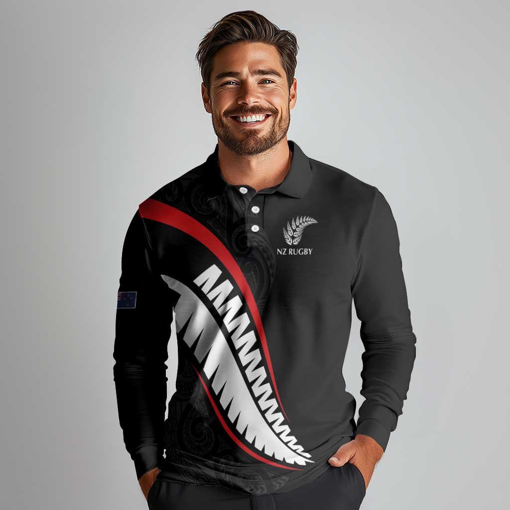 New Zealand Rugby Custom Long Sleeve Polo Shirt Sporty Silver Fern Shape with Maori Tattoos - Polynesian Pride