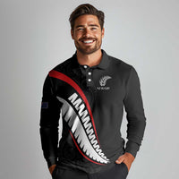 New Zealand Rugby Custom Long Sleeve Polo Shirt Sporty Silver Fern Shape with Maori Tattoos - Polynesian Pride
