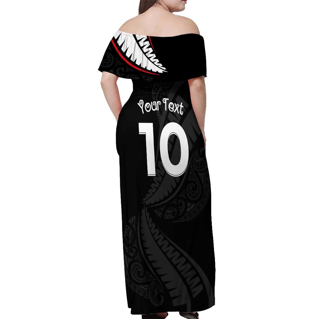 New Zealand Rugby Custom Off Shoulder Maxi Dress Sporty Silver Fern Shape with Maori Tattoos - Polynesian Pride