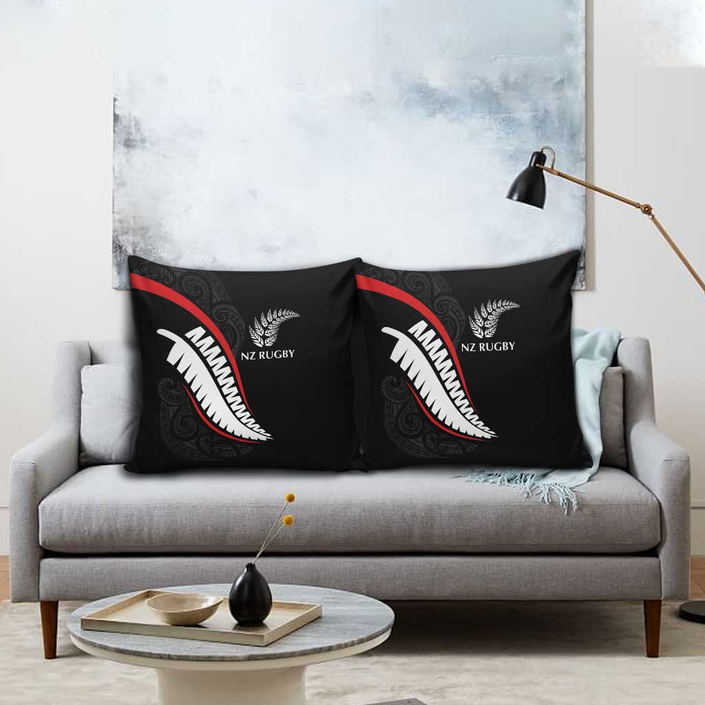 New Zealand Rugby Pillow Cover Sporty Silver Fern Shape with Maori Tattoos - Polynesian Pride