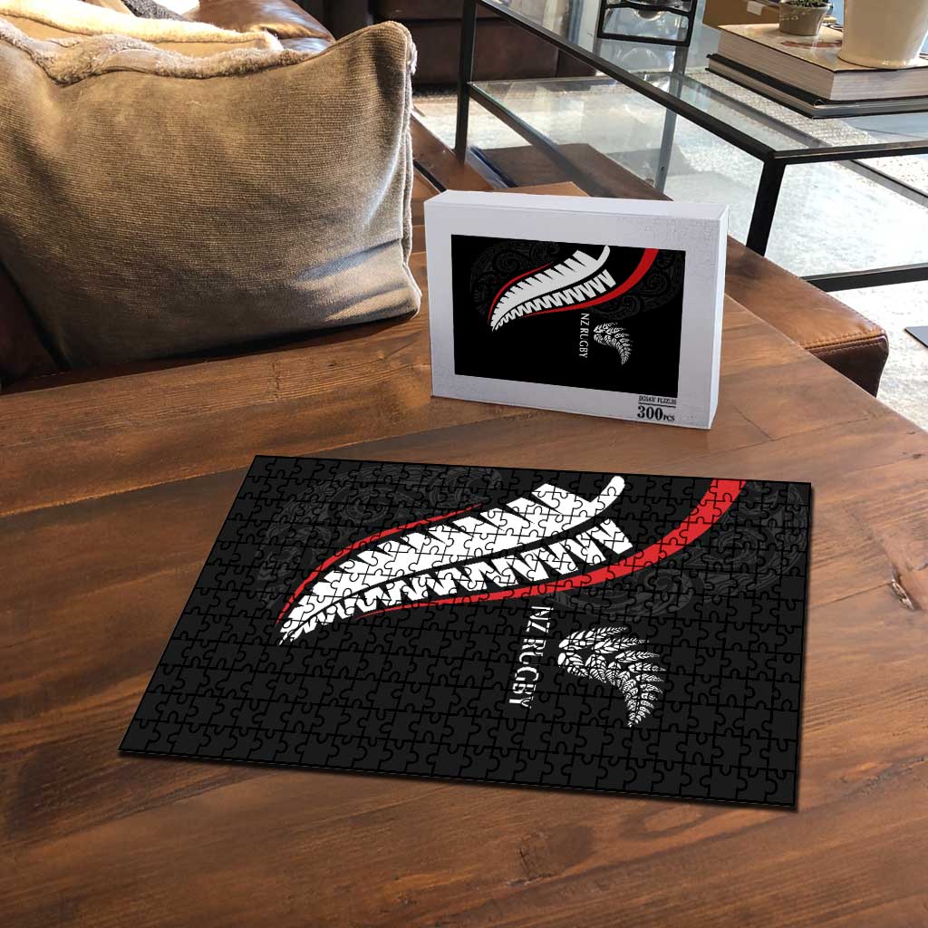 New Zealand Rugby Puzzle Sporty Silver Fern Shape with Maori Tattoos - Polynesian Pride