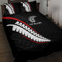 New Zealand Rugby Quilt Bed Set Sporty Silver Fern Shape with Maori Tattoos - Polynesian Pride
