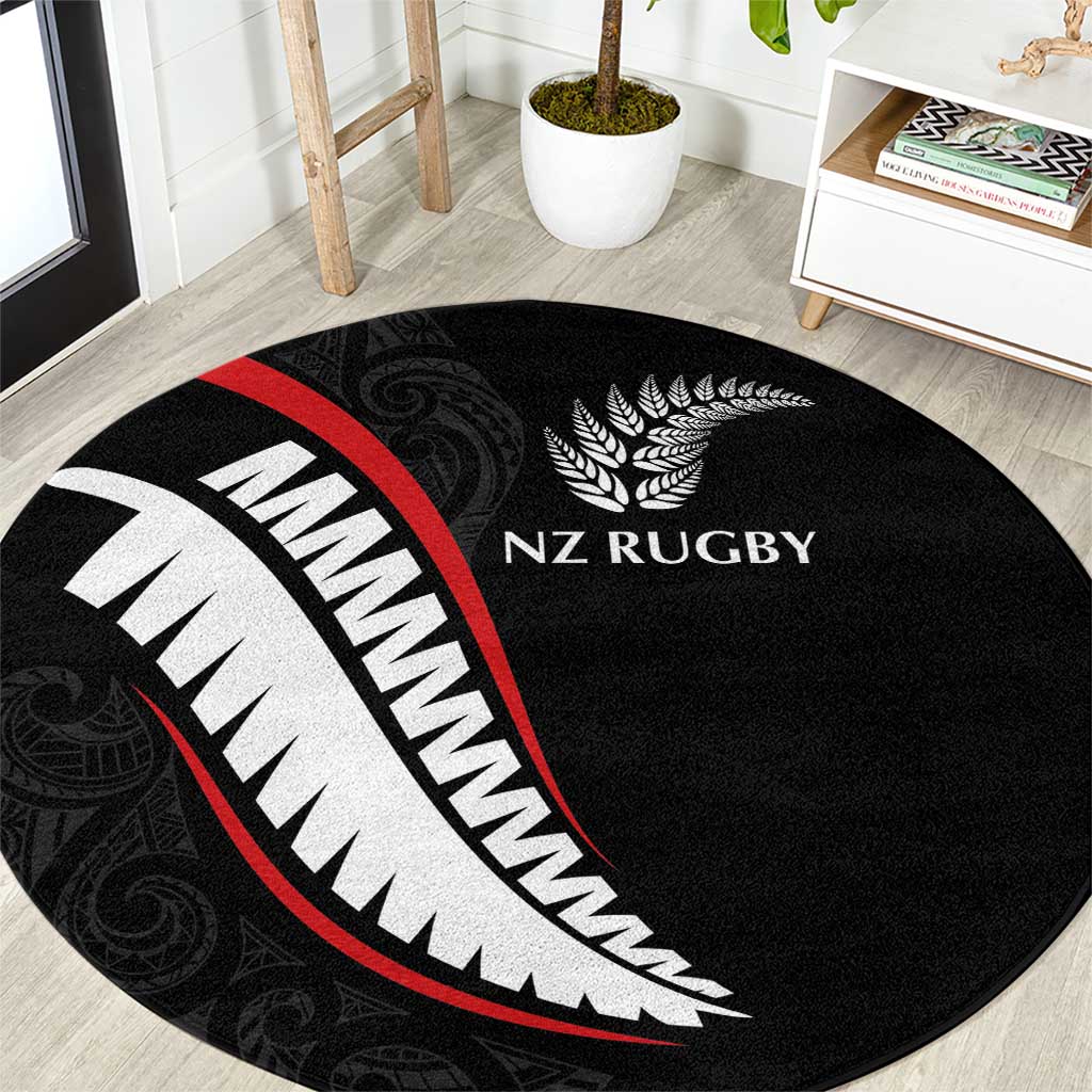 New Zealand Rugby Round Carpet Sporty Silver Fern Shape with Maori Tattoos - Polynesian Pride