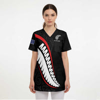 New Zealand Rugby Custom Scrub Top Sporty Silver Fern Shape with Maori Tattoos - Polynesian Pride