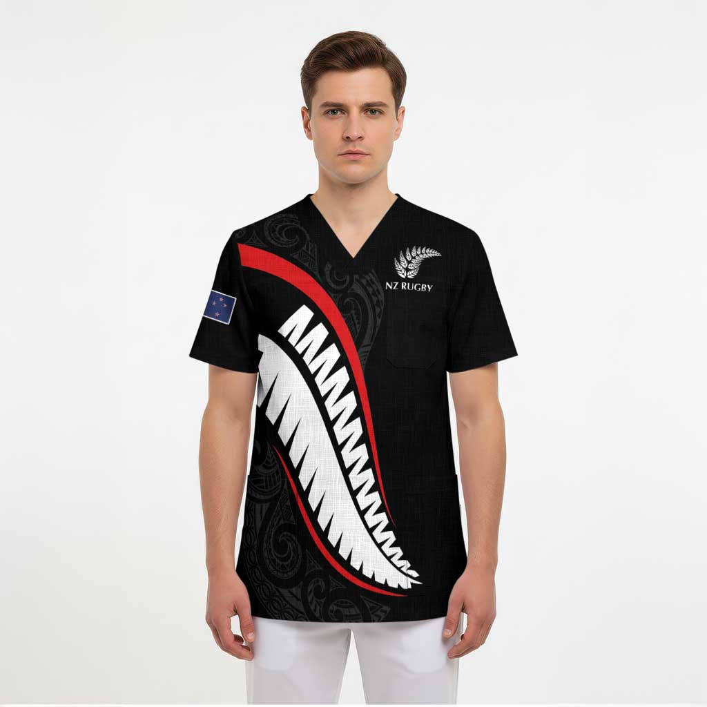 New Zealand Rugby Custom Scrub Top Sporty Silver Fern Shape with Maori Tattoos - Polynesian Pride