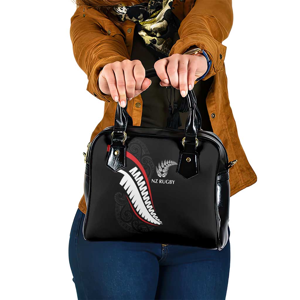 New Zealand Rugby Shoulder Handbag Sporty Silver Fern Shape with Maori Tattoos - Polynesian Pride