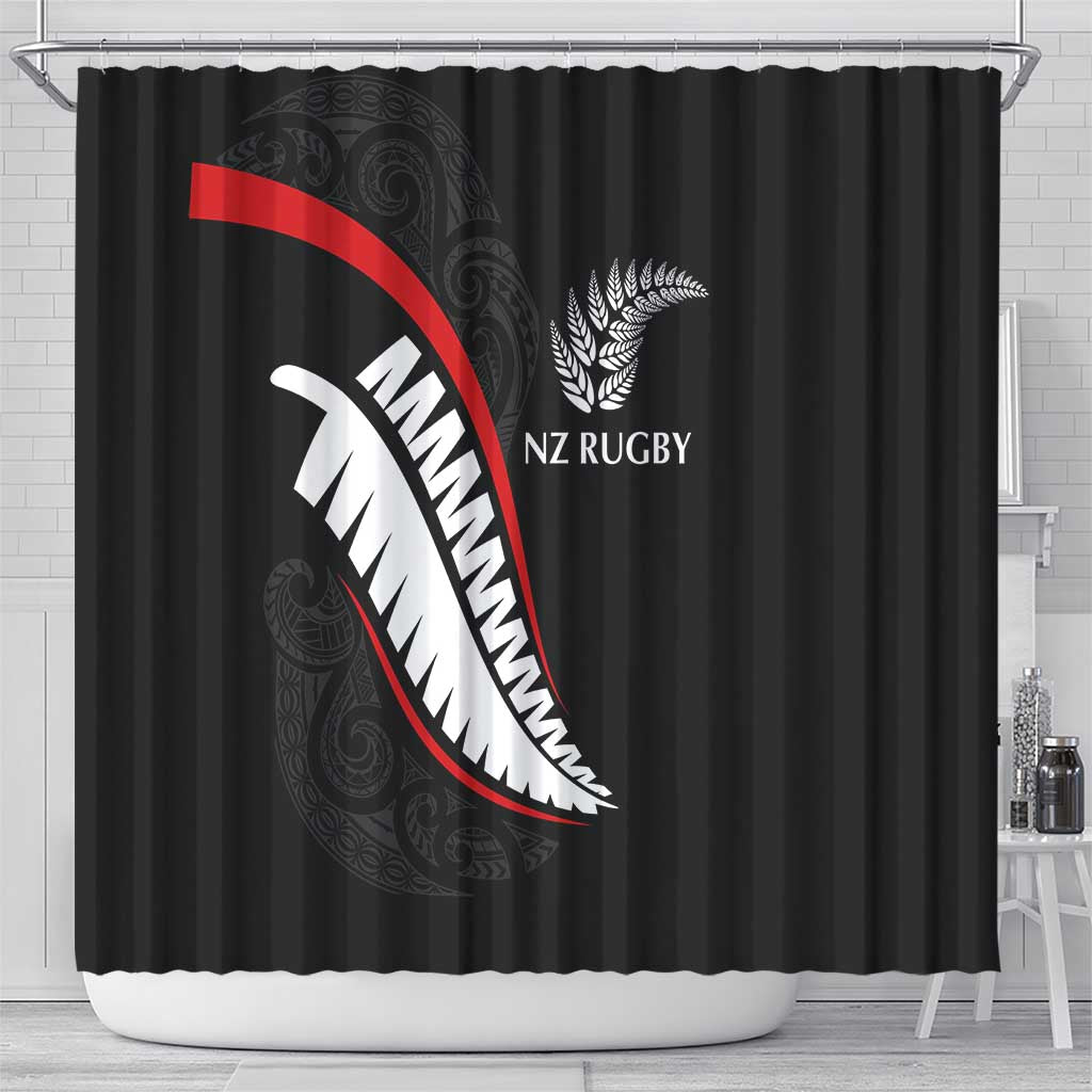 New Zealand Rugby Shower Curtain Sporty Silver Fern Shape with Maori Tattoos - Polynesian Pride