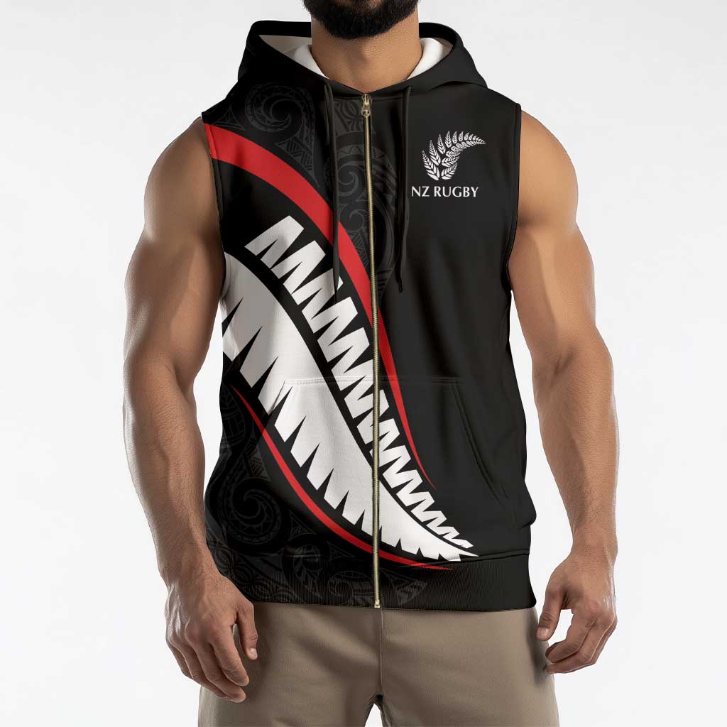 New Zealand Rugby Custom Sleeveless Zip Hoodie Sporty Silver Fern Shape with Maori Tattoos - Polynesian Pride
