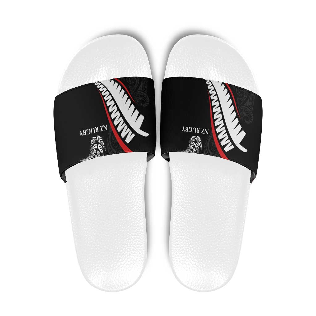 New Zealand Rugby Slide Sandals Sporty Silver Fern Shape with Maori Tattoos - Polynesian Pride