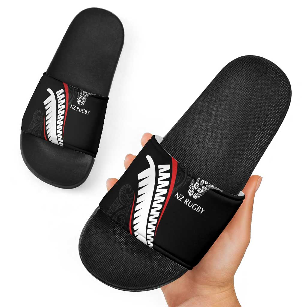 New Zealand Rugby Slide Sandals Sporty Silver Fern Shape with Maori Tattoos - Polynesian Pride