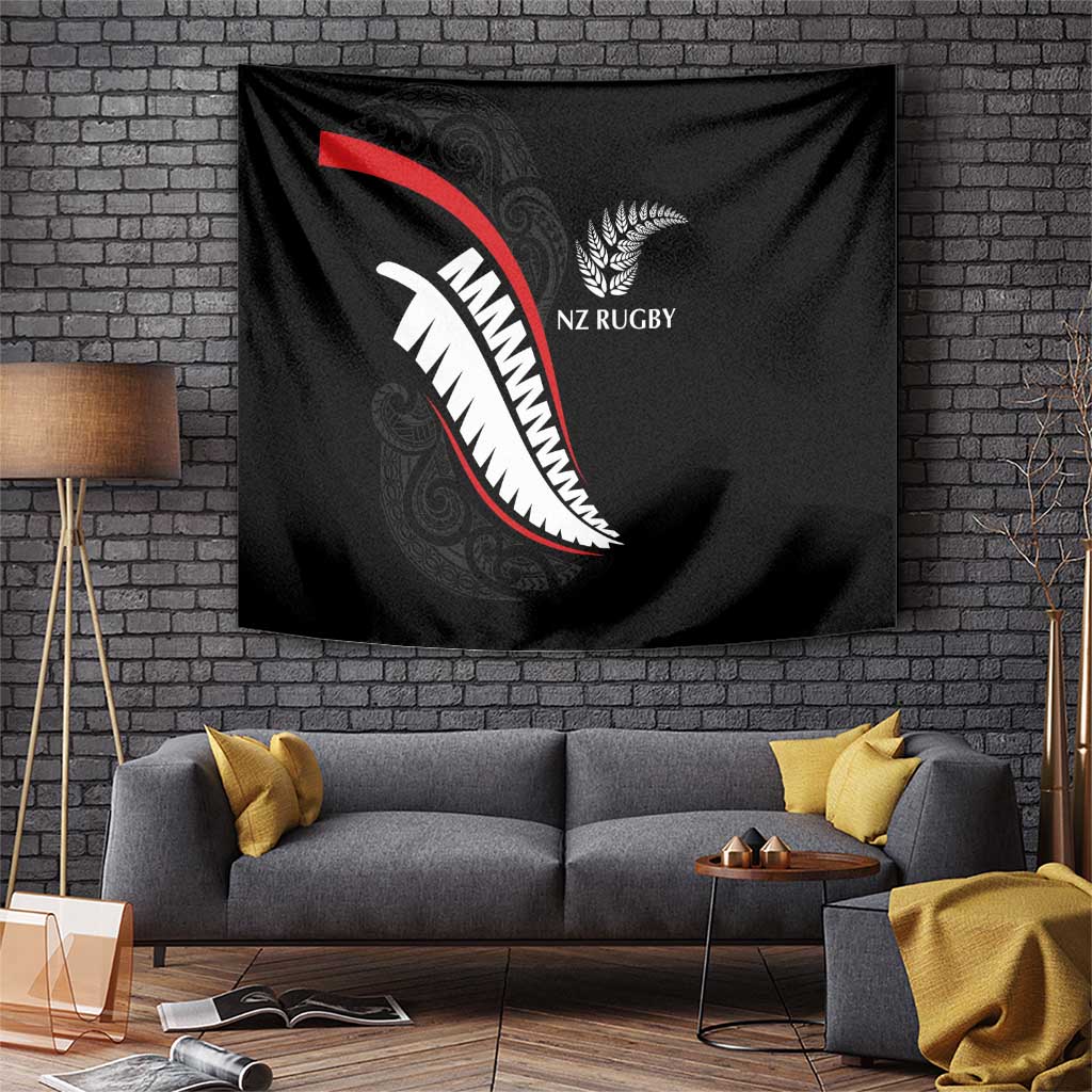 New Zealand Rugby Tapestry Sporty Silver Fern Shape with Maori Tattoos - Polynesian Pride