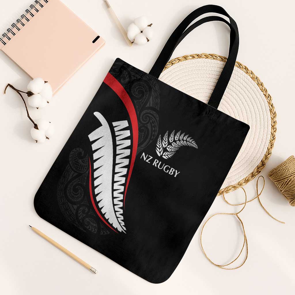 New Zealand Rugby Tote Bag Sporty Silver Fern Shape with Maori Tattoos - Polynesian Pride
