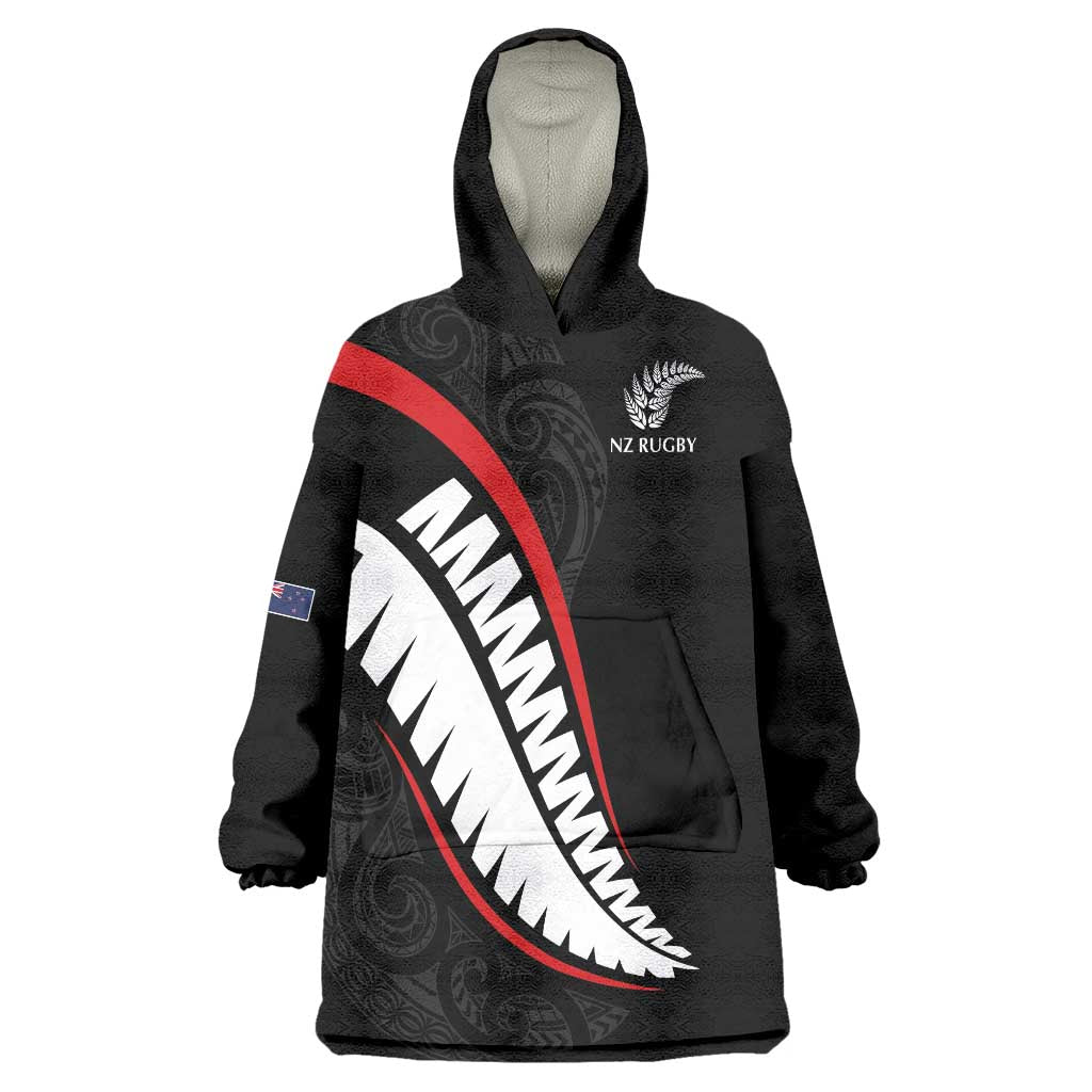 New Zealand Rugby Custom Wearable Blanket Hoodie Sporty Silver Fern Shape with Maori Tattoos - Polynesian Pride