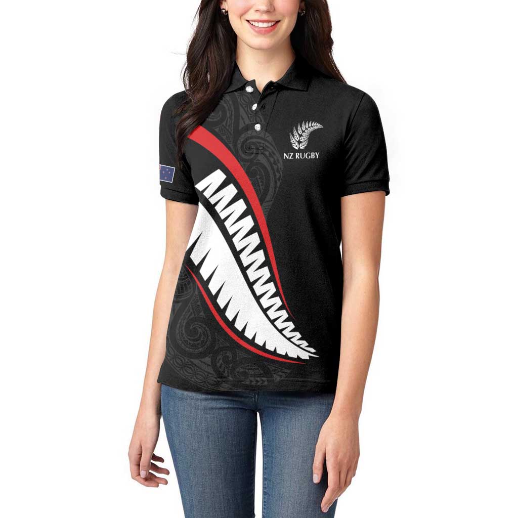 New Zealand Rugby Custom Women Polo Shirt Sporty Silver Fern Shape with Maori Tattoos - Polynesian Pride