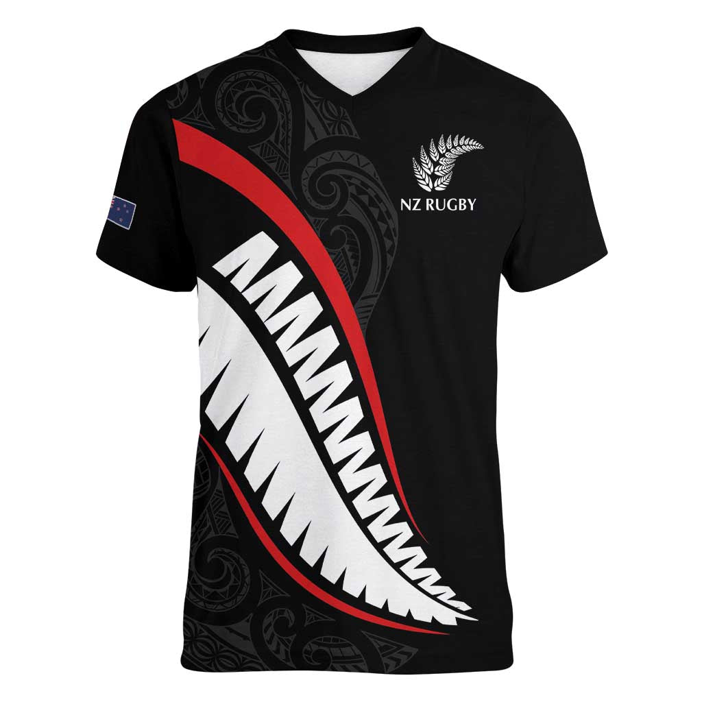 New Zealand Rugby Custom Women V-Neck T-Shirt Sporty Silver Fern Shape with Maori Tattoos - Polynesian Pride