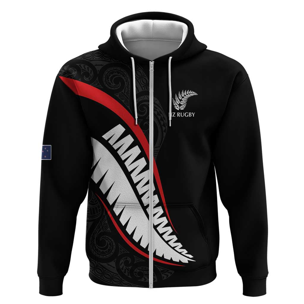 New Zealand Rugby Custom Zip Hoodie Sporty Silver Fern Shape with Maori Tattoos - Polynesian Pride
