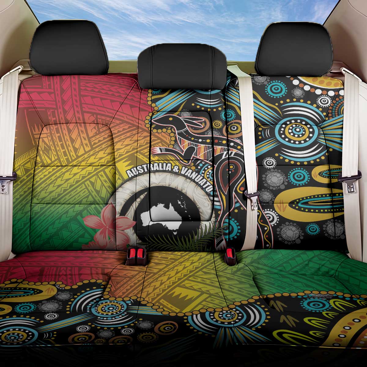 Vanuatu and Australia Together Back Car Seat Cover Kangaroo with Pig Tusk Indigenous Pattern