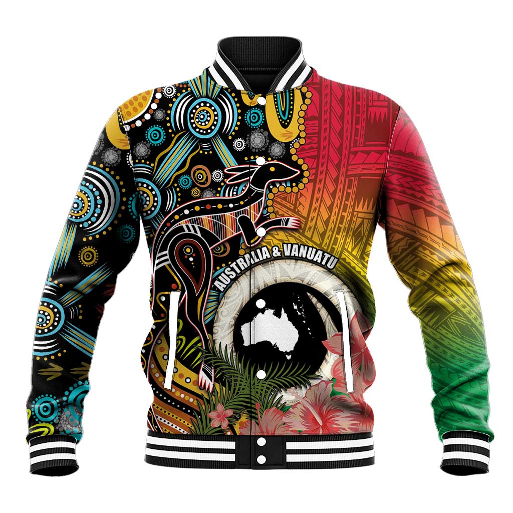 Vanuatu and Australia Together Baseball Jacket Kangaroo with Pig Tusk Indigenous Pattern LT03 Unisex Black - Polynesian Pride