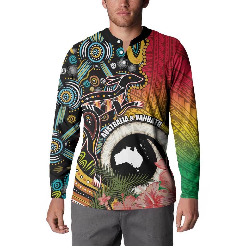 Vanuatu and Australia Together Button Sweatshirt Kangaroo with Pig Tusk Indigenous Pattern LT03 - Polynesian Pride