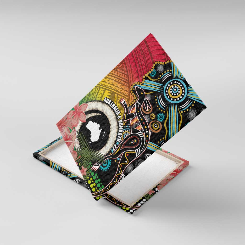 Vanuatu and Australia Together Canvas Wall Art Kangaroo with Pig Tusk Indigenous Pattern LT03 With Frame Black - Polynesian Pride