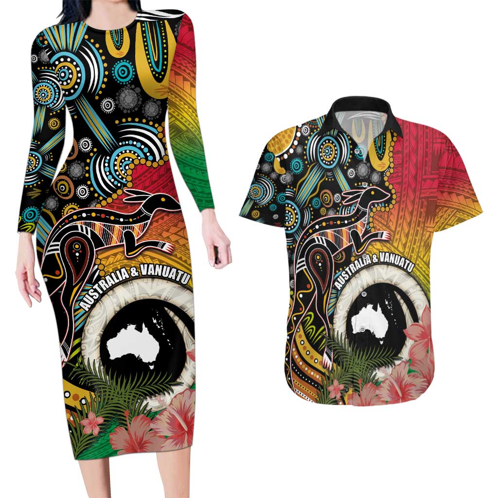 Vanuatu and Australia Together Couples Matching Long Sleeve Bodycon Dress and Hawaiian Shirt Kangaroo with Pig Tusk Indigenous Pattern