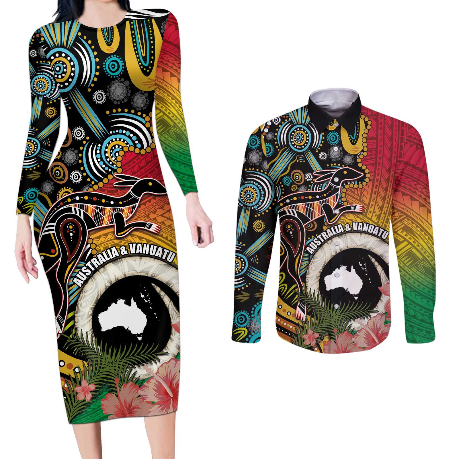 Vanuatu and Australia Together Couples Matching Long Sleeve Bodycon Dress and Long Sleeve Button Shirt Kangaroo with Pig Tusk Indigenous Pattern