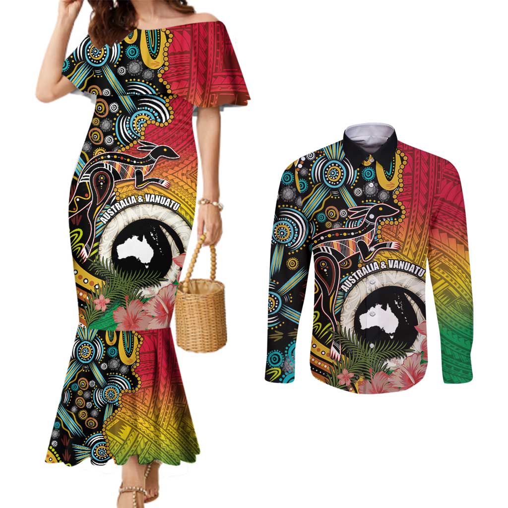 Vanuatu and Australia Together Couples Matching Mermaid Dress and Long Sleeve Button Shirt Kangaroo with Pig Tusk Indigenous Pattern