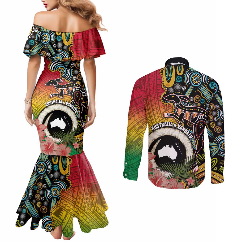 Vanuatu and Australia Together Couples Matching Mermaid Dress and Long Sleeve Button Shirt Kangaroo with Pig Tusk Indigenous Pattern LT03 - Polynesian Pride