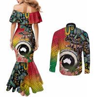 Vanuatu and Australia Together Couples Matching Mermaid Dress and Long Sleeve Button Shirt Kangaroo with Pig Tusk Indigenous Pattern LT03 - Polynesian Pride