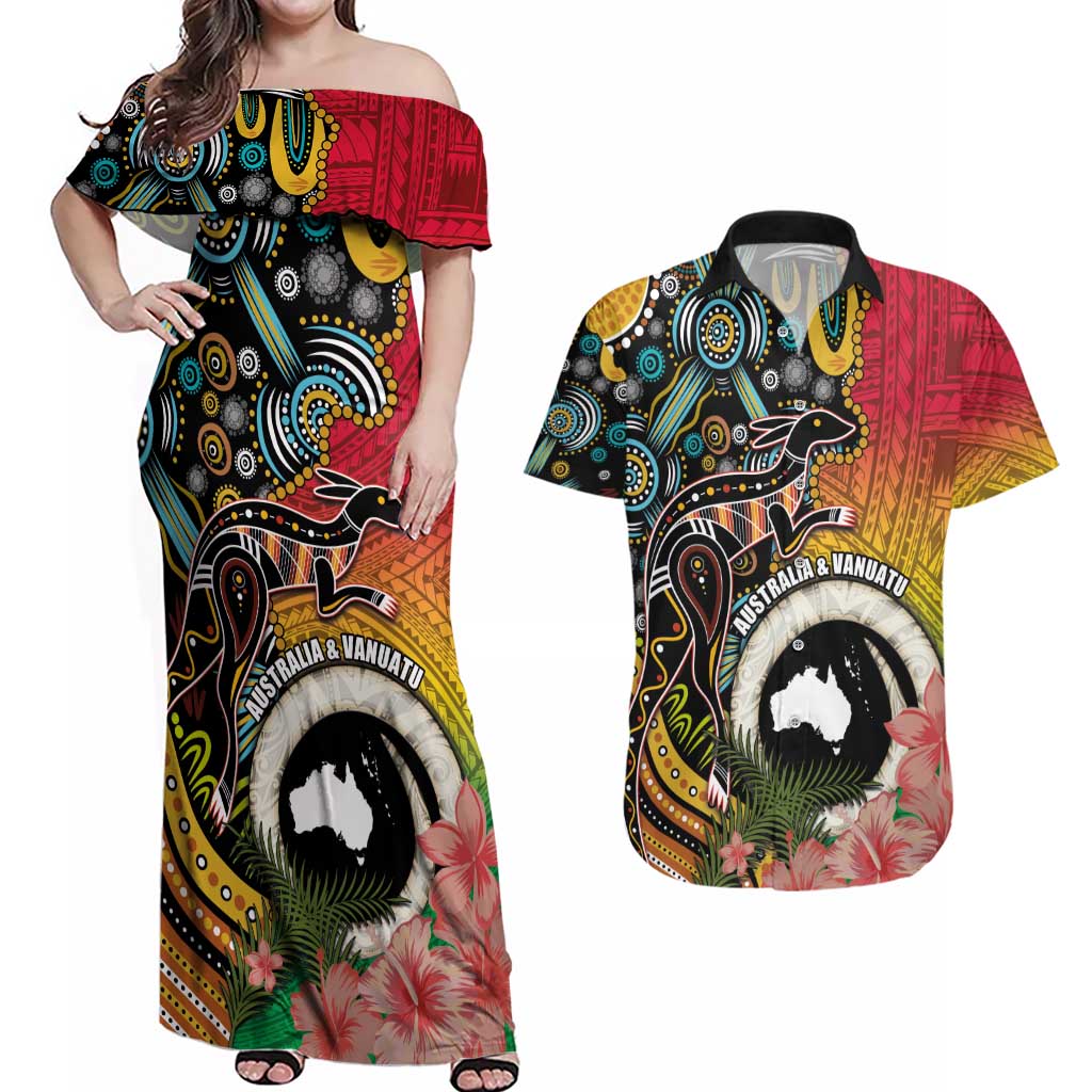 Vanuatu and Australia Together Couples Matching Off Shoulder Maxi Dress and Hawaiian Shirt Kangaroo with Pig Tusk Indigenous Pattern