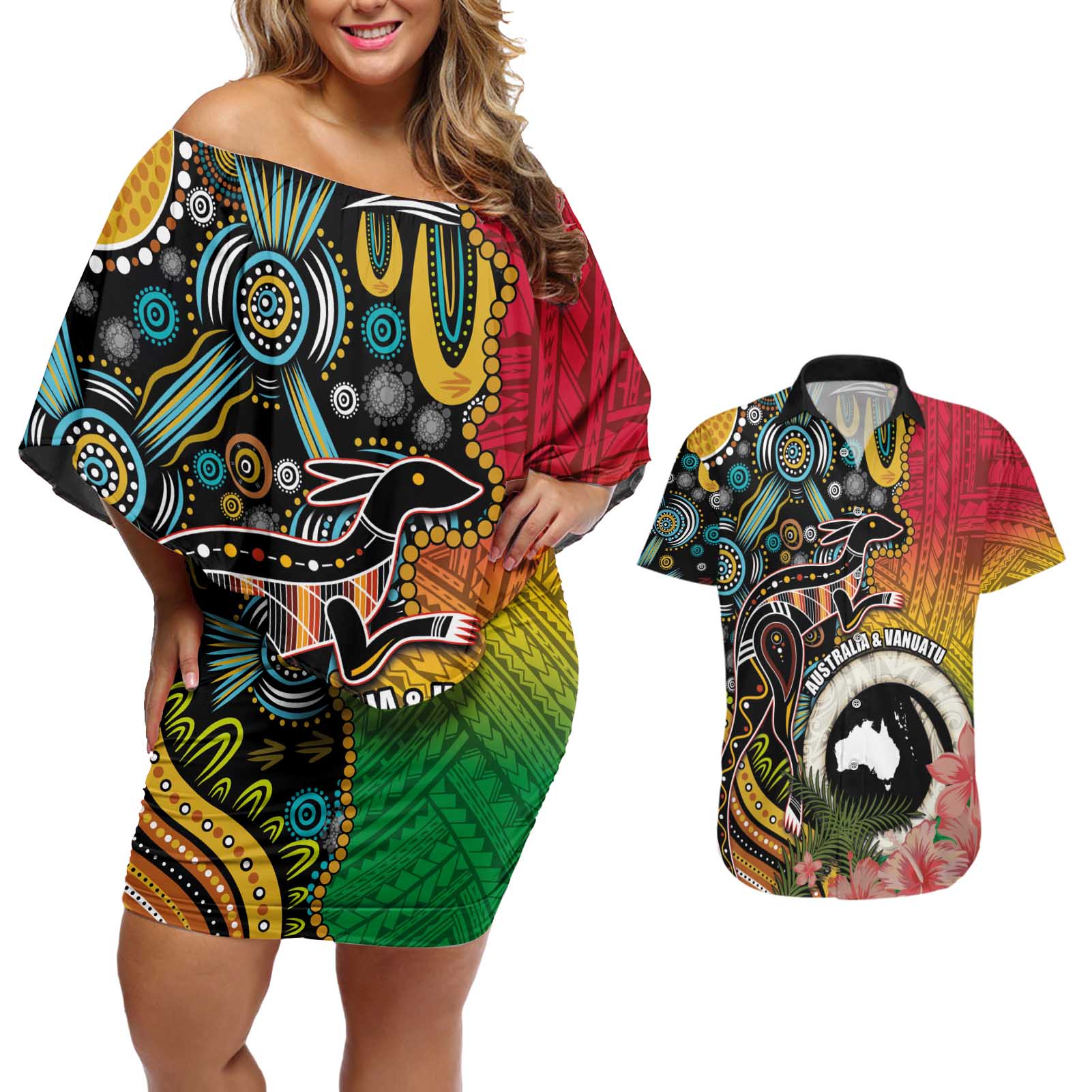 Vanuatu and Australia Together Couples Matching Off Shoulder Short Dress and Hawaiian Shirt Kangaroo with Pig Tusk Indigenous Pattern