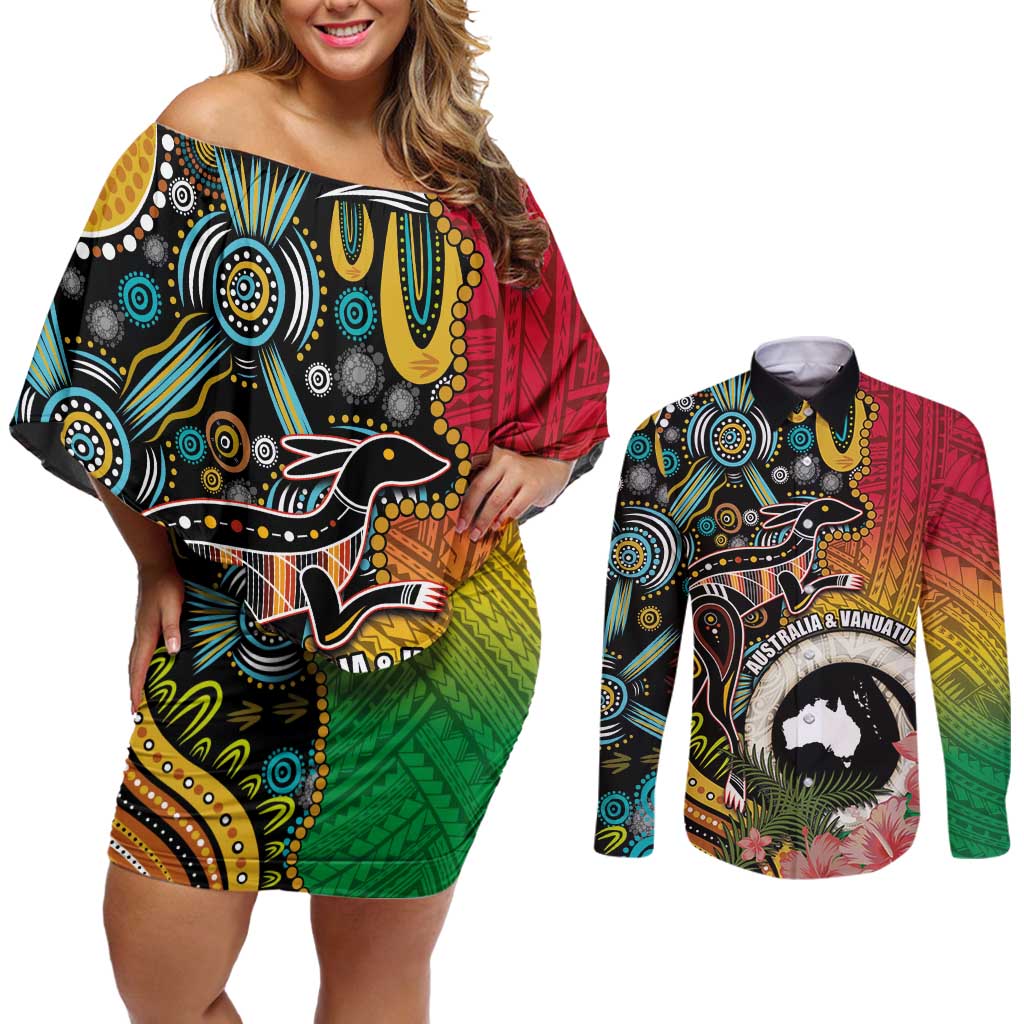 Vanuatu and Australia Together Couples Matching Off Shoulder Short Dress and Long Sleeve Button Shirt Kangaroo with Pig Tusk Indigenous Pattern