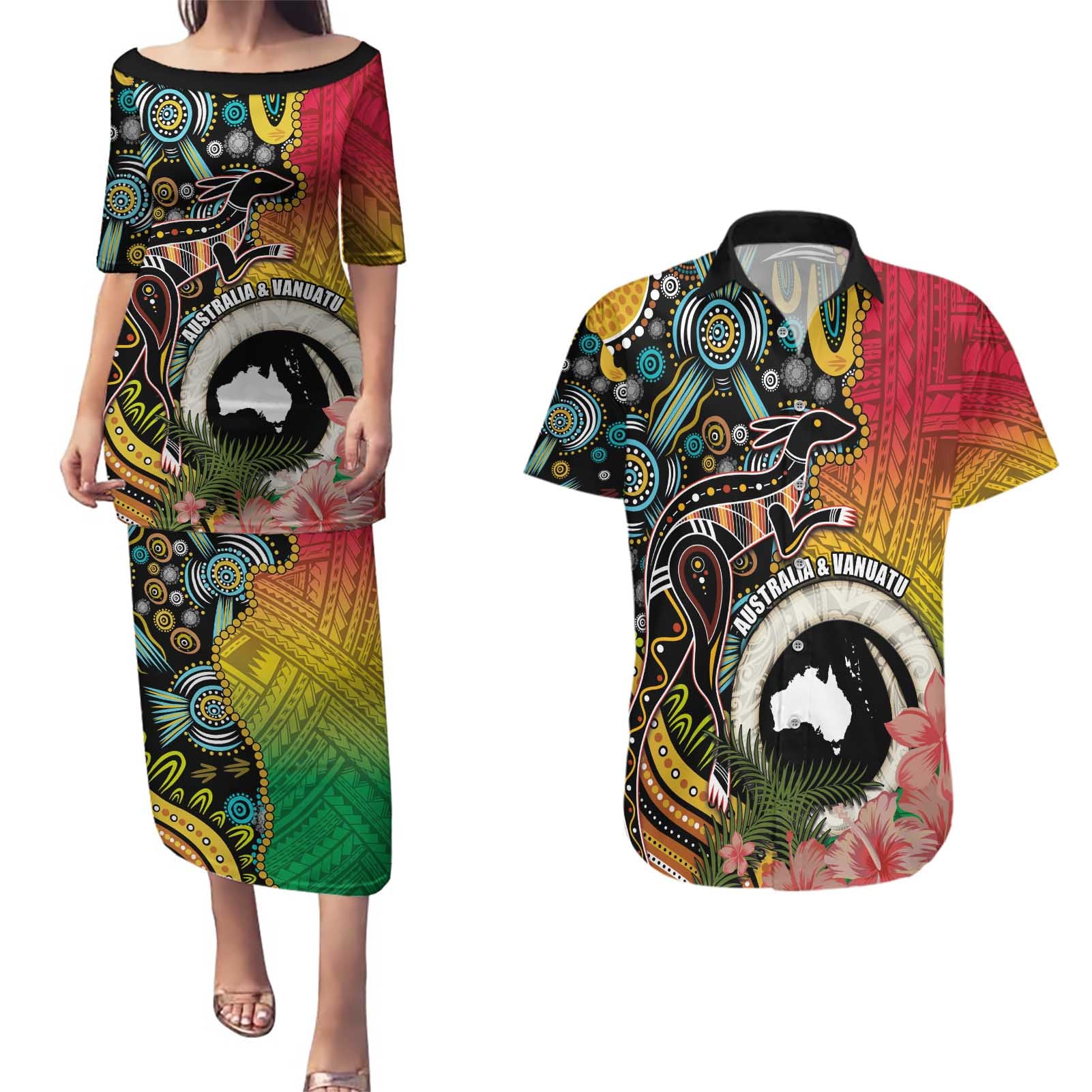 Vanuatu and Australia Together Couples Matching Puletasi and Hawaiian Shirt Kangaroo with Pig Tusk Indigenous Pattern