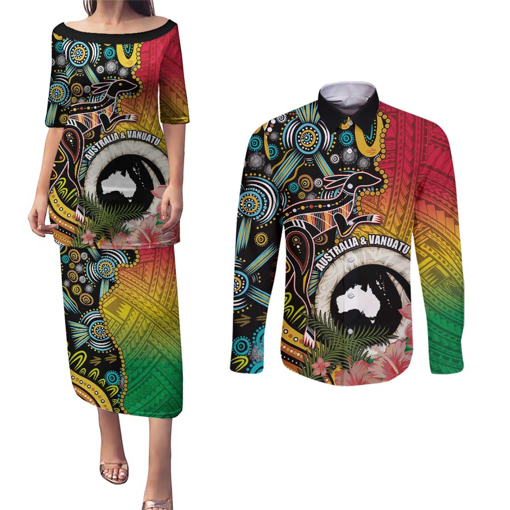 Vanuatu and Australia Together Couples Matching Puletasi and Long Sleeve Button Shirt Kangaroo with Pig Tusk Indigenous Pattern